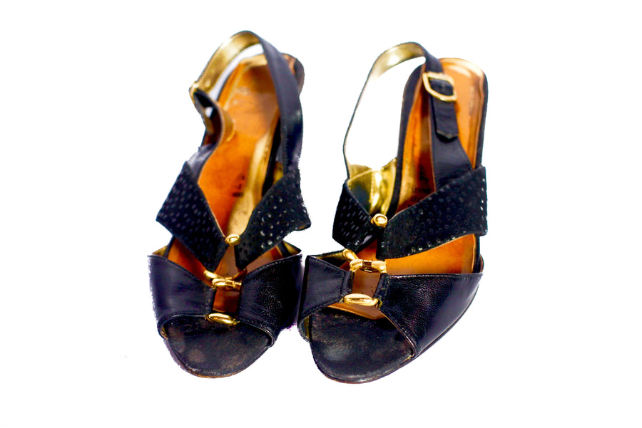 Vintage 70s Black and gold sandals UK 4.5